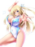  &gt;:o 1girl :o amagi_brilliant_park armpits ass_visible_through_thighs bare_shoulders bent_knees blonde_hair blue_eyes blue_ribbon blush breasts center_opening cleavage covered_navel covered_nipples cowboy_shot foreshortening hair_ribbon highleg highleg_leotard highres large_breasts leotard long_hair looking_at_viewer midoriiro_no_shinzou ribbon shiny shiny_skin sideboob sleeveless solo sylphy_(amaburi) twitter_username two_side_up unzipped very_long_hair white_background 