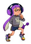  1girl :3 arm_behind_back bike_shorts domino_mask earmuffs female finger_to_chin full_body gun inkling mask pointy_ears purple_hair shoes smile sneakers solo splatoon sweater tentacle_hair viibean weapon yellow_eyes 