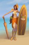  1girl beach bikini brown_hair commentary concept_art flower hair_flower hair_ornament ironstylus league_of_legends leona_(league_of_legends) long_hair official_art pool_party_leona riot_games sandals sarong sunflower_hair_ornament surfboard swimsuit teemo umbrella very_long_hair 