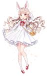  1girl animal_ears artist_request bag brown_eyes brown_hair dress elin_(tera) fang kneehighs long_hair mary_janes open_mouth rabbit_ears salute shoes smile solo tail tera_online white_dress white_legwear 