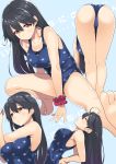  1girl ahoge arched_back armpits ass bare_legs bare_shoulders barefoot bent_over black_hair blue_swimsuit blush breasts brown_eyes closed_eyes gintarou_(kurousagi108) kantai_collection large_breasts long_hair multiple_views one-piece_swimsuit open_mouth polka_dot polka_dot_swimsuit scrunchie smile stretch swimsuit ushio_(kantai_collection) wrist_scrunchie 