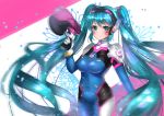  1girl aqua_eyes aqua_hair bodysuit breasts cosplay covered_navel d.va_(overwatch) d.va_(overwatch)_(cosplay) facial_mark gun hatsune_miku long_hair looking_at_viewer naramiyaya overwatch smile solo twintails very_long_hair vocaloid weapon whisker_markings 