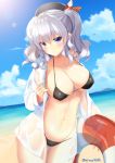  1girl alternate_costume beach bikini black_bikini blue_eyes blush breasts clouds cloudy_sky colored_eyelashes hair_between_eyes highres innertube kantai_collection kashima_(kantai_collection) large_breasts light_particles light_smile long_hair midriff navel ocean outdoors renka_(llawliet39) revision see-through silver_hair sky solo sun sunlight swimsuit twintails 