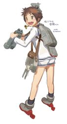  1boy bag binoculars boots brown_hair character_name full_body genderswap genderswap_(ftm) headgear kantai_collection male male_focus messenger_bag neckerchief sailor_collar sailor_shirt shirt short_hair shorts shoulder_bag smile solo twitter_username yukikaze_(kantai_collection) yuushitessen 