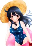  1girl black_hair breasts casual_one-piece_swimsuit hat highres innertube kantai_collection kobayashi_nyoromichi large_breasts long_hair one-piece_swimsuit polka_dot polka_dot_swimsuit smile solo sun_hat swimsuit ushio_(kantai_collection) yellow_eyes 