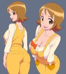  1girl ass breasts brown_eyes brown_hair grey_background happinesscharge_precure! highres looking_at_viewer medium_breasts oomori_yuuko overalls precure red-p revision short_hair simple_background smile solo wide_hips 