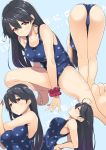  1girl ahoge arched_back armpits ass bare_legs bare_shoulders barefoot bent_over black_hair blue_swimsuit blush breasts brown_eyes closed_eyes commentary_request gintarou_(kurousagi108) kantai_collection large_breasts long_hair multiple_views one-piece_swimsuit open_mouth polka_dot polka_dot_swimsuit scrunchie smile stretch swimsuit ushio_(kantai_collection) wrist_scrunchie 