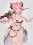  1girl :d bikini blue_eyes breasts brown_gloves cleavage earrings gloves granblue_fantasy hair_ornament highres holding holding_sword holding_weapon horns jewelry katana lack narumeia_(granblue_fantasy) navel open_mouth pink_hair pointy_ears smile solo swimsuit sword teeth weapon 