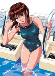  1girl :o brown_eyes brown_hair character_request goggles goggles_around_neck long_hair official_art one-piece_swimsuit pool solo swimsuit viper wading wet 