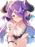  1girl bare_arms blue_eyes braid breasts butterfly_earrings cleavage closed_mouth doraf double_bun dripping eyebrows eyebrows_visible_through_hair eyelashes food_on_body granblue_fantasy hair_over_one_eye holding holding_spoon horns huge_breasts lock long_hair narumeia_(granblue_fantasy) one_eye_covered padlock pointy_ears pov_feeding seiza shade simple_background sitting smile solo swimsuit thigh_gap ultone_(neisiss) weapon 