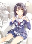  ... 1girl 3: bikini black_hair book bookshelf clothes_in_front front-tie_top holding_bikini_top katou_megumi looking_at_viewer mizoguchi_keiji saenai_heroine_no_sodatekata school_uniform serafuku short_hair side-tie_bikini sitting solo spoken_ellipsis striped striped_bikini swimsuit yellow_eyes 