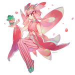  1girl ^_^ artist_name bare_shoulders closed_eyes colored_stripes detached_sleeves fomantis full_body hairband holding japanese_clothes kimono lurantis namie-kun pantyhose personification petals pink_hair pink_legwear pokemon pokemon_(creature) pokemon_(game) pokemon_sm red_eyes sash short_hair short_sleeves simple_background sitting sleeveless sleeveless_kimono solo striped white_background wide_sleeves 