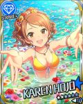  beach bikini blush brown_eyes brown_hair character_name happy houjou_karen idolmaster idolmaster_cinderella_girls long_hair petals ponytail summer 