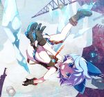  1girl alternate_costume blue_eyes blue_hair bow cirno clenched_teeth grin hair_bow ice ice_wings inuinui sleeveless smile solo teeth touhou upside-down wings 