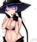  1girl :3 adapted_costume aoshima bangs black_hat blue_hair breasts cleavage closed_eyes closed_mouth crop_top doremy_sweet eyebrows eyebrows_visible_through_hair eyelashes feathers fur_trim gloves hat holding lace_gloves large_breasts navel short_hair sleeveless solo stomach touhou upper_body 