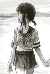  1girl artist_name beach ergot fubuki_(kantai_collection) greyscale hill kantai_collection looking_to_the_side midriff monochrome navel ocean open_mouth out_of_frame shirt short_ponytail sketch sky smile solo_focus tied_shirt walking water wet wet_clothes wet_hair 