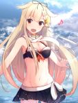  1girl anchor_symbol arms_at_sides bare_arms bare_shoulders bikini bikini_skirt black_bikini black_ribbon blonde_hair braid breasts clouds cloudy_sky cuon_(kuon) fang gradient_hair hair_between_eyes hair_ornament hair_ribbon hairclip kantai_collection light_particles long_hair looking_at_viewer medium_breasts midriff multicolored_hair musical_note navel open_mouth outstretched_arms partially_submerged pleated_skirt popsicle red_eyes redhead remodel_(kantai_collection) ribbon scarf single_braid skirt sky solo splashing spoken_musical_note standing swimsuit very_long_hair water water_drop white_scarf yuudachi_(kantai_collection) 