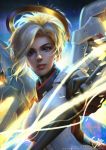  1girl artist_name blonde_hair blue_eyes bodysuit breasts glowing glowing_wings high_ponytail highres holding_staff large_breasts light_smile lips looking_at_viewer mechanical_halo mechanical_wings mercy_(overwatch) nose overwatch parted_lips qichao_wang solo staff upper_body watermark web_address wings 