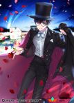  1boy ayto black_hair black_hat black_pants blue_eyes bow bowtie cape flower formal glasses hat holding holding_flower looking_at_viewer male_focus night night_sky outdoors pants petals qurare_magic_library rose sky solo standing top_hat watermark white_bow white_bowtie 