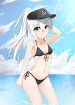  1girl anchor_symbol bikini blue_eyes flat_cap hat hibiki_(kantai_collection) highres kantai_collection l_(twintilde) ponytail standing swimsuit white_hair 