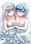  2girls bare_shoulders blue_eyes blue_hair breasts bridal_veil cleavage dress emilia_(re:zero) frilled_dress frills ginhaha gloves hair_ribbon holding_hands interlocked_fingers long_hair looking_at_viewer multiple_girls purple_ribbon re:zero_kara_hajimeru_isekai_seikatsu rem_(re:zero) ribbon short_hair silver_hair veil violet_eyes wedding_dress white_dress white_gloves x_hair_ornament 