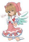  antenna_hair brown_hair cardcaptor_sakura dress glove_bow green_eyes hat highres kinomoto_sakura kneeling magical_girl one_eye_closed pink_hat walter wings 