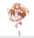  1girl asuna_(sao) brown_eyes brown_hair dress frilled_dress frills gloves hair_ornament hair_ribbon holding_microphone long_hair microphone open_mouth pantyhose ribbon simple_background solo sword_art_online sword_art_online:_code_register watermark white_background white_gloves white_legwear 