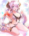  1girl :d alternate_costume alternate_hairstyle barefoot bikini blue_eyes breasts cleavage flower food fruit granblue_fantasy hair_ornament hair_over_one_eye hairclip hayama_eishi holding horns large_breasts long_hair looking_at_viewer narumeia_(granblue_fantasy) open_mouth pointy_ears purple_hair sidelocks sitting smile solo sparkle swimsuit thigh_strap thighs twintails very_long_hair wariza watermelon waving 