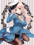  1girl atago_(kantai_collection) ayase_hazuki between_thighs black_gloves blonde_hair breasts gloves green_eyes hat high_heels kantai_collection long_hair military military_uniform open_moth pantyhose peaked_cap sitting smile solo uniform wariza 