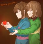  androgynous brown_hair chara_(undertale) closed_eyes collared_shirt english frisk_(undertale) gradient gradient_background heart makise_medaka open_mouth red_eyes shirt spoilers striped striped_sweater sweater undertale upper_body 