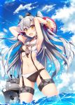  1girl :o adapted_costume amatsukaze_(kantai_collection) armlet arms_behind_head arms_up ass_visible_through_thighs ball bangs beachball bikini blue_sky breasts choker clouds collarbone condensation_trail cowboy_shot eyebrows eyebrows_visible_through_hair eyelashes fang garter_straps hair_between_eyes headgear highres holding kantai_collection legs_apart lifebuoy long_hair multicolored_bikini navel neckerchief ocean outdoors raiou rensouhou-kun sailor_collar scrunchie see-through silver_hair skindentation sky small_breasts standing stomach summer suspenders swimsuit two_side_up very_long_hair wading water wind windsock wrist_scrunchie yellow_eyes 
