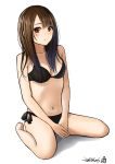  1girl bikini black_bikini blush breasts brown_eyes brown_hair cleavage highres kentaurosu long_hair looking_at_viewer mole mole_under_eye navel original simple_background sitting sketch solo swimsuit wariza 