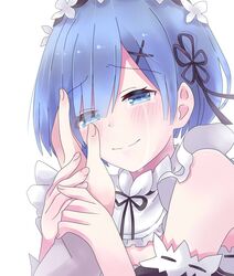  1girl blue_eyes blue_hair blush crying hair_ribbon maid maid_headdress mako_dai_ni-dai re:zero_kara_hajimeru_isekai_seikatsu rem_(re:zero) ribbon short_hair solo_focus streaming_tears tears wavy_mouth 