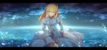  1girl ahoge aqua_eyes blonde_hair dress fate/stay_night fate_(series) highres horizon letterboxed long_hair looking_at_viewer magicians_(zhkahogigzkh) saber smile solo 