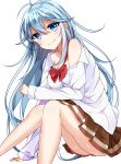  1girl bare_shoulders blue_eyes blue_hair bow breasts brown_skirt cleavage denpa_onna_to_seishun_otoko legs long_hair looking_at_viewer off_shoulder pleated_skirt red_bow saki_(sakisaki128) simple_background sitting skirt smile solo touwa_erio white_background 