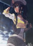  1girl 2016 backpack bag belt black_hair choker copyright_name cropped_jacket female_protagonist_(pokemon_go) fingerless_gloves gloves long_hair pokemon pokemon_go ponytail rain rojio solo wet wet_clothes 