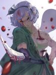  1girl absurdres alternate_costume angry blood blood_on_face blue_eyes determined foreshortening highres holding holding_sword holding_weapon injury katana kikimifukuri konpaku_youmu konpaku_youmu_(ghost) looking_at_viewer stabbed sword touhou weapon 