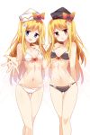  2girls ass_visible_through_thighs bangs bikini black_bikini blonde_hair blue_eyes blush bow cowboy_shot eyebrows eyebrows_visible_through_hair fairy_wings flower hair_flower hair_ornament hat highres lily_black lily_white long_hair looking_at_viewer maturiuta_sorato multiple_girls navel open_mouth outstretched_arm outstretched_hand petite red_bow red_eyes simple_background smile standing swimsuit thigh_gap touhou white_background white_bikini wings 