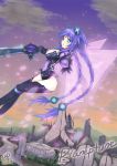  1girl artist_name bangs blue_eyes braid breasts city cleavage_cutout dated flying gloves glowing glowing_wings hair_ornament highres leotard long_hair looking_at_viewer neptune_(choujigen_game_neptune) neptune_(series) purerin purple_hair purple_heart solo sword symbol-shaped_pupils twin_braids very_long_hair weapon wings 
