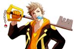  1boy brown_hair food_in_mouth gloves holding holding_weapon hood hoodie jacket keyblade keychain kingdom_hearts looking_to_the_side open_clothes open_jacket orange_gloves poke_ball pokemon pokemon_go popsicle simple_background smile solo spark_(pokemon) spiky_hair upper_body weapon white_background 