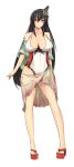  1girl absurdres black_hair breasts cleavage full_body fusou_(kantai_collection) headgear highres kantai_collection large_breasts long_hair one-piece_swimsuit red_eyes sandals sarong shawl solo swimsuit 