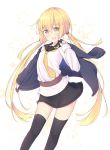  1girl black_legwear black_serafuku blonde_hair blue_jacket crescent crescent_moon_pin jacket kamawi_nami kantai_collection long_hair necktie remodel_(kantai_collection) satsuki_(kantai_collection) school_uniform serafuku solo thigh-highs twintails yellow_eyes yellow_necktie 