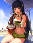 1girl :d adapted_costume ahoge animalization arm_strap bangs bare_legs barefoot beach beach_umbrella bean bikini bikini_skirt black_hair blanket blunt_bangs blurry blush bowl breasts cannon character_request cherry cleavage crossover darkmaya depth_of_field eyelashes food food_request front-tie_top fruit godzilla godzilla_(series) green_bikini green_eyes hair_ornament hair_ribbon hair_tubes holding holding_spoon ice_cream japanese_clothes jewelry kantai_collection lace-trimmed_panties lifebuoy long_hair looking_at_viewer medium_breasts miniskirt mizuho_(kantai_collection) monster nail_polish navel open_mouth outdoors panties pink_nails pleated_skirt pov_feeding ribbon ring sand shade shaved_ice shimakaze_(kantai_collection) signature sitting skirt sky smile solo_focus stomach swimsuit tassel turret umbrella underwear very_long_hair yokozuwari 