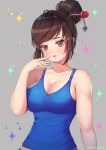  1girl breasts brown_eyes brown_hair cleavage grey_background hair_ornament hair_stick hanato_(seonoaiko) large_breasts long_hair looking_at_viewer mei_(overwatch) no_glasses overwatch short_hair solo sparkle twitter_username 