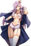  1girl 2016 breasts character_request closed_mouth collarbone company_name crown english erakis eyepatch garter_straps gloves hand_in_hair head_tilt highres leenim light_smile long_hair looking_at_viewer mini_crown navel number outstretched_arm purple_gloves purple_hair simple_background solo thigh-highs very_long_hair violet_eyes watermark white_background white_legwear 