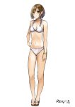  1girl bikini breasts brown_eyes brown_hair cleavage full_body kentaurosu original short_hair simple_background sketch solo swimsuit 