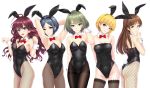  5girls animal_ears armpits arms_behind_back arms_up ass bangs bare_shoulders black_hair blonde_hair blue_eyes bow bowtie breasts brown_hair bunny_girl bunny_tail bunnysuit cleavage covered_navel cowboy_shot detached_collar fishnet_pantyhose fishnets green_eyes hayami_kanade head_tilt heterochromia highres ichinose_shiki idolmaster idolmaster_cinderella_girls infinote lace lace-trimmed_thighhighs long_hair looking_at_viewer miyamoto_frederica mole mole_under_eye multiple_girls nitta_minami pantyhose parted_bangs parted_lips paw_pose rabbit_ears short_hair simple_background smile swept_bangs tail takagaki_kaede thigh-highs thighband_pantyhose white_background wrist_cuffs yellow_eyes 