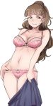  1girl blush bra breasts brown_hair cleavage embarrassed highres idolmaster idolmaster_cinderella_girls kamiya_nao long_hair looking_away navel nei_(etc) panties red_eyes simple_background skirt skirt_removed solo underwear undressing 