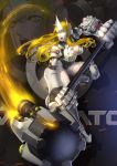  1girl absurdres adapted_costume armor armored_boots armored_dress artist_request blonde_hair boots breastplate breasts cleavage female gauntlets genderswap genderswap_(mtf) greaves hat headwear highres holding holding_weapon huge_weapon knee_pads large_breasts open_mouth overwatch pauldrons plate_armor reinhardt_(overwatch) shoulder_pads solo teeth thigh-highs thigh_boots thrusters warhammer weapon yellow_eyes 