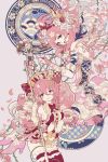  2girls :d bourbone bow drill_hair floral_print flower hair_bow hair_flower hair_ornament hairband hat inishie_no_megami_to_houseki_no_ite long_hair looking_at_viewer lyre multiple_girls open_mouth pink_eyes pink_hair plant rose smile staff star_hair_ornament thorns vines 